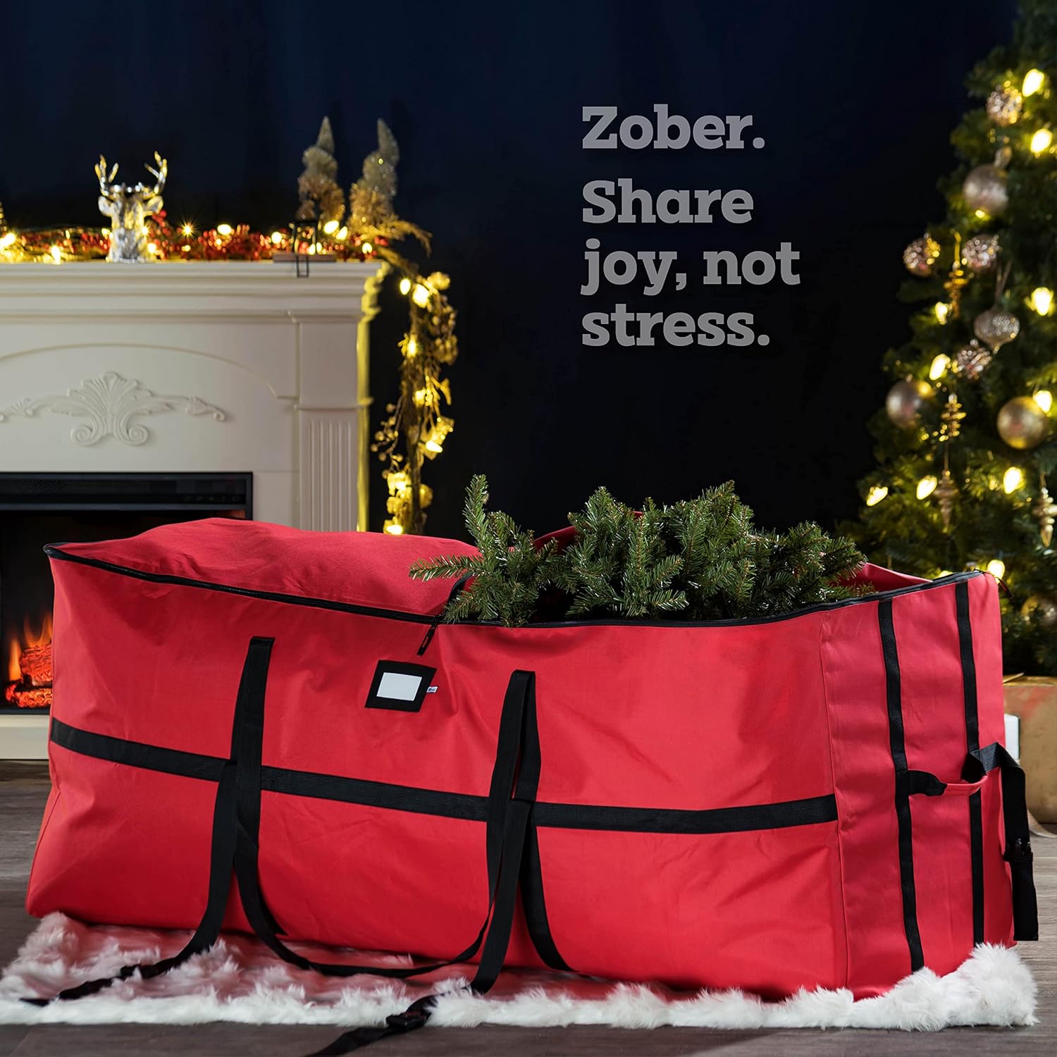 ZOBER Christmas Tree Storage Bag - Fits 9 Ft Trees - Durable 600D Oxford Fabric - Red with Strong Straps & Card Slot