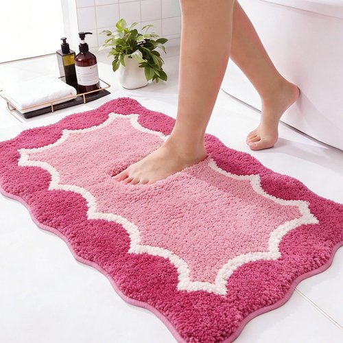 Wylumen Cute Scalloped Rose Pink Bathroom Rugs Mat,Non Slip Absorbent Quick Dry Bath Mats for Shower Room,Microfiber Bath Mats for Bathroom Floor Washable Carpet for Shower Tub Sink Bedroom,20"x32"