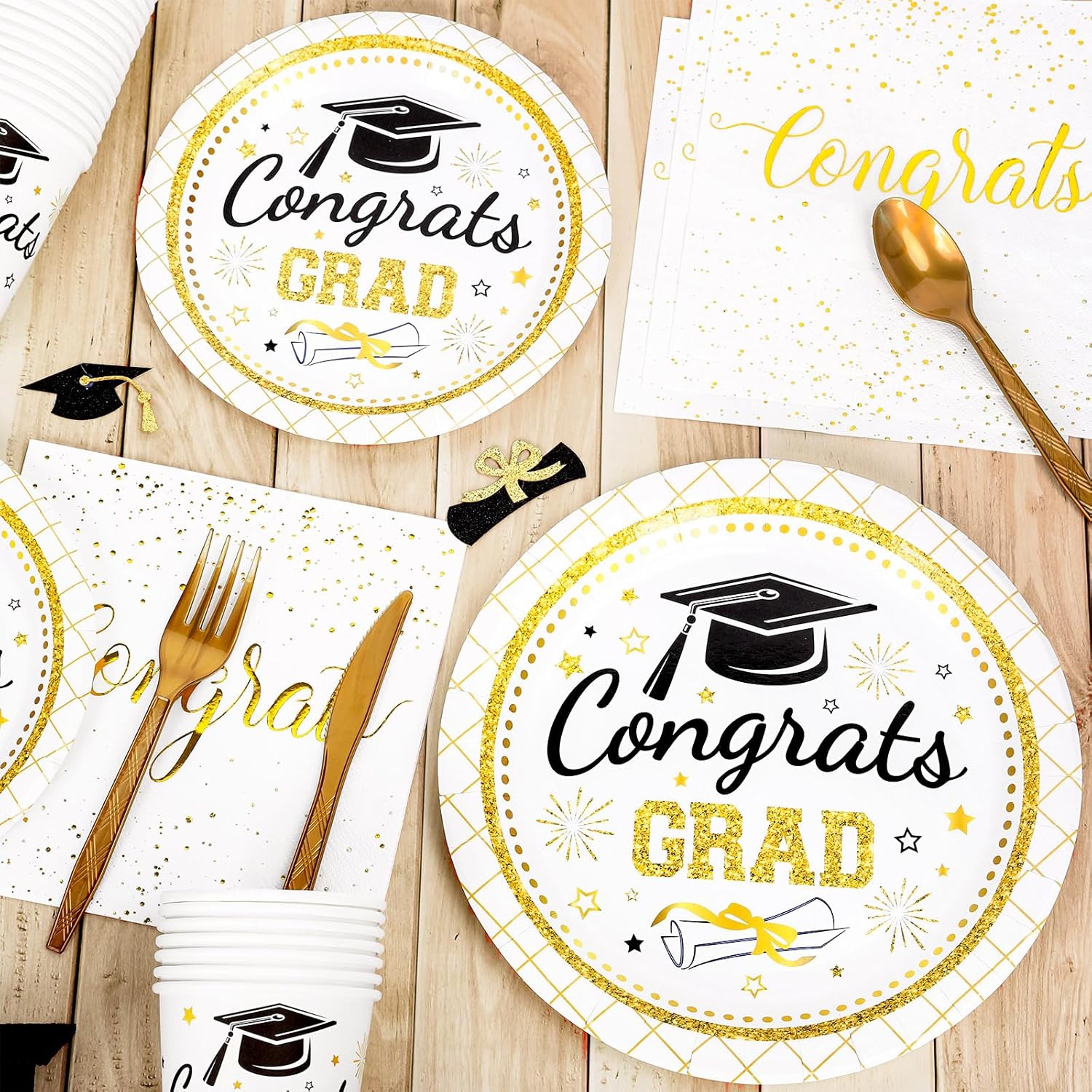 Whaline Graduation Party Supplies Set - 175 Pcs Disposable Tableware for 25 Guests | Gold Congrats Grad Plates, Napkins & Cutlery