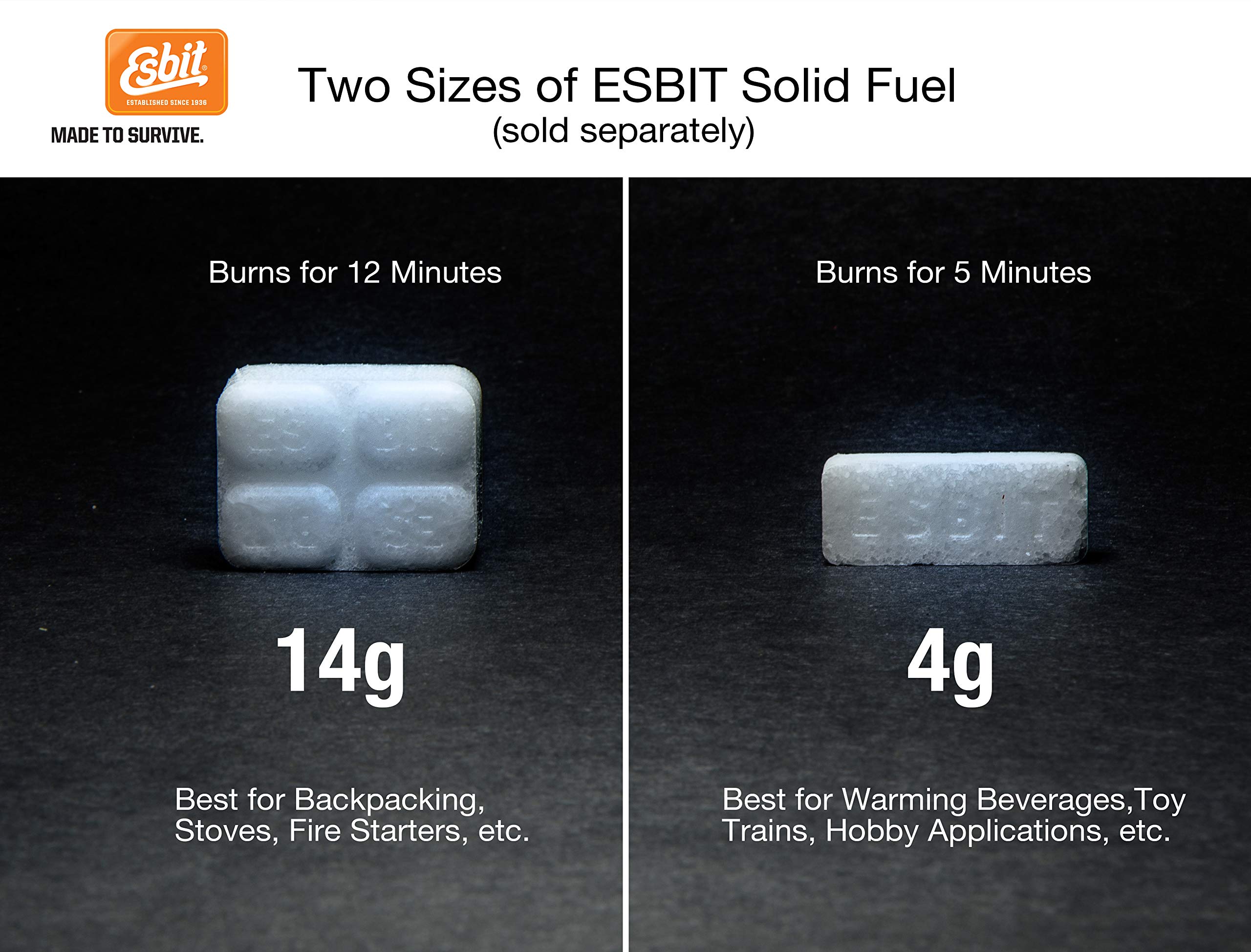 Esbit 4g Solid Fuel Tablets for Backpacking & Camping Stoves & Grills, 1300-Degree Smokeless Emergency Fire Starter Squares, 60 Pack