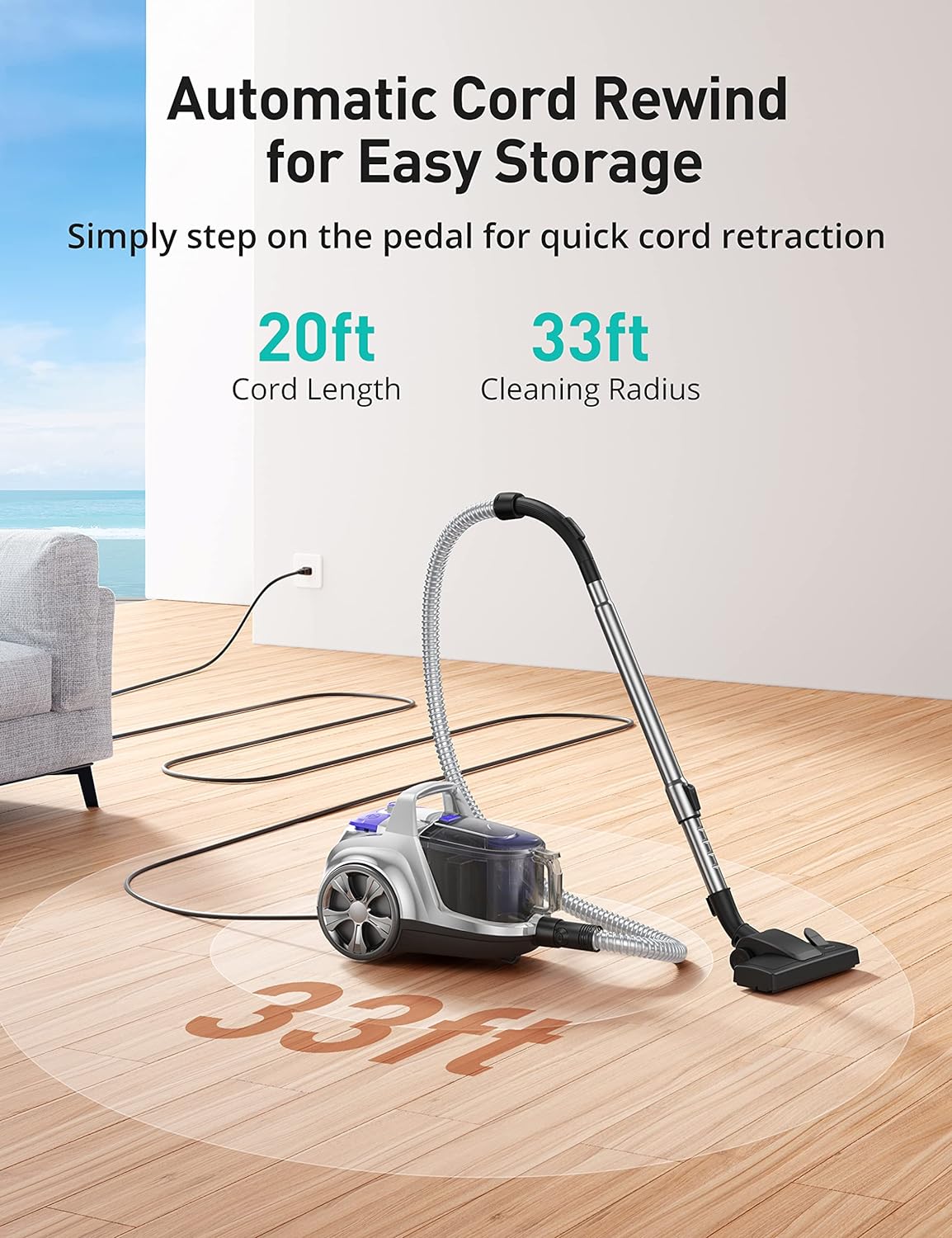 Aspiron Canister Vacuum Cleaner - 40Kpa Bagless Design with Double HEPA Filter & 4QT Dust Cup | Lightweight 1600W, Mauve