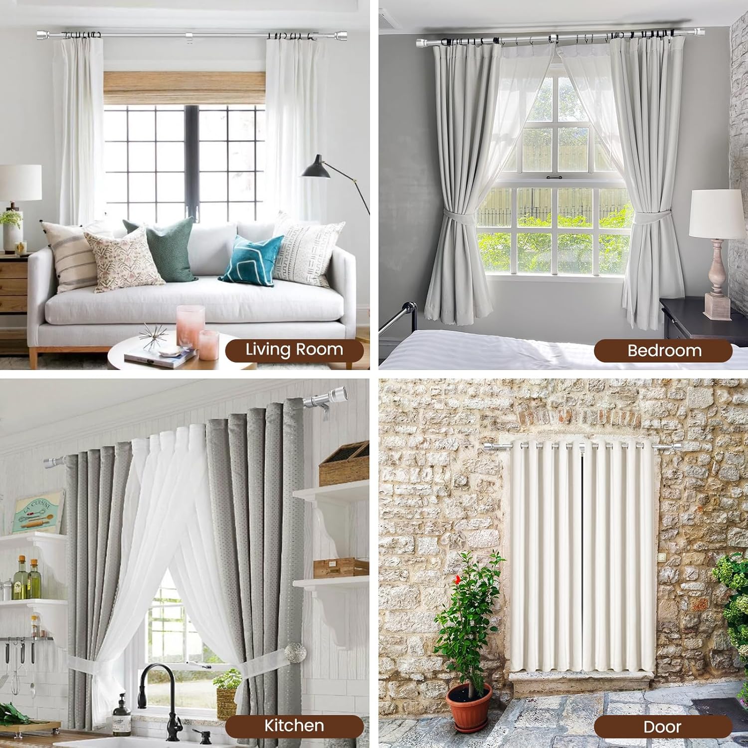 Regine Switzerland 1” Diameter Silver Curtain Rod - Adjustable 30-90 Inch, Heavy Duty 2 Pack for Windows