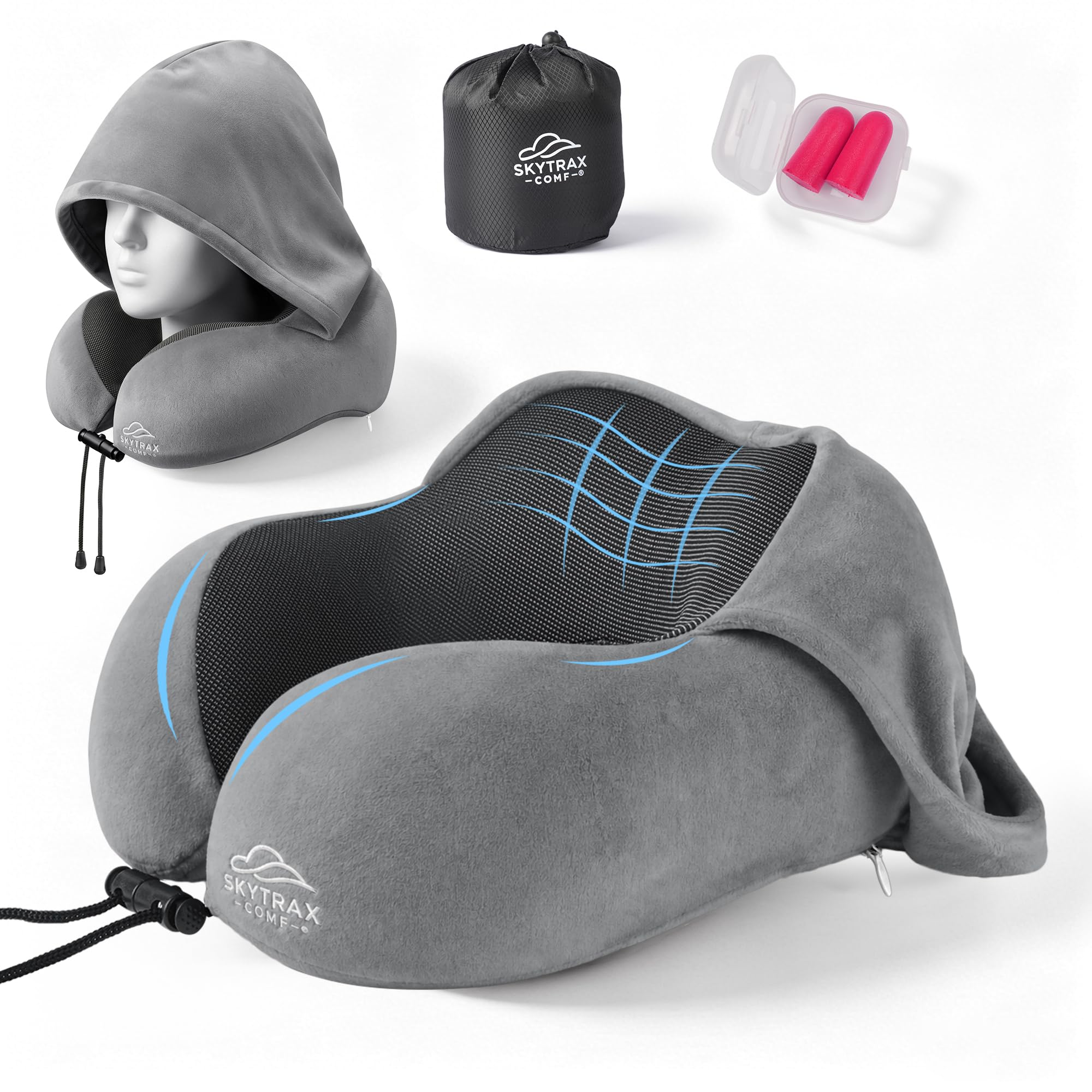 SkytraxComf® Travel Neck Pillow with Hood for Privacy on Long Flights