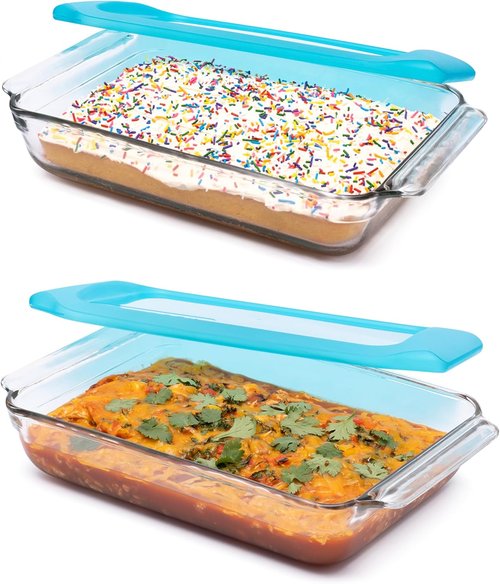 Libbey Premium 2-Piece Glass Baking Dish Set - Stackable Casserole Dishes with Lids for Lasagna, Cakes & More