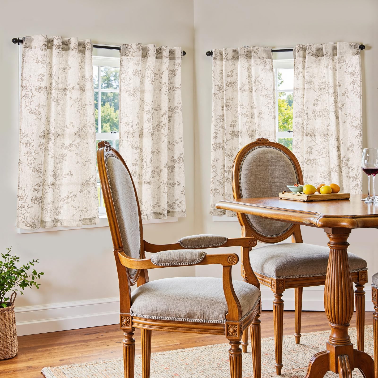 jinchan Floral Kitchen Curtains 45 Inch Linen Tier Curtains Farmhouse Cafe Half Window Drapes for Small Windows Light Filtering Taupe on Beige for Living Room Bathroom Back Tab 2 Panels