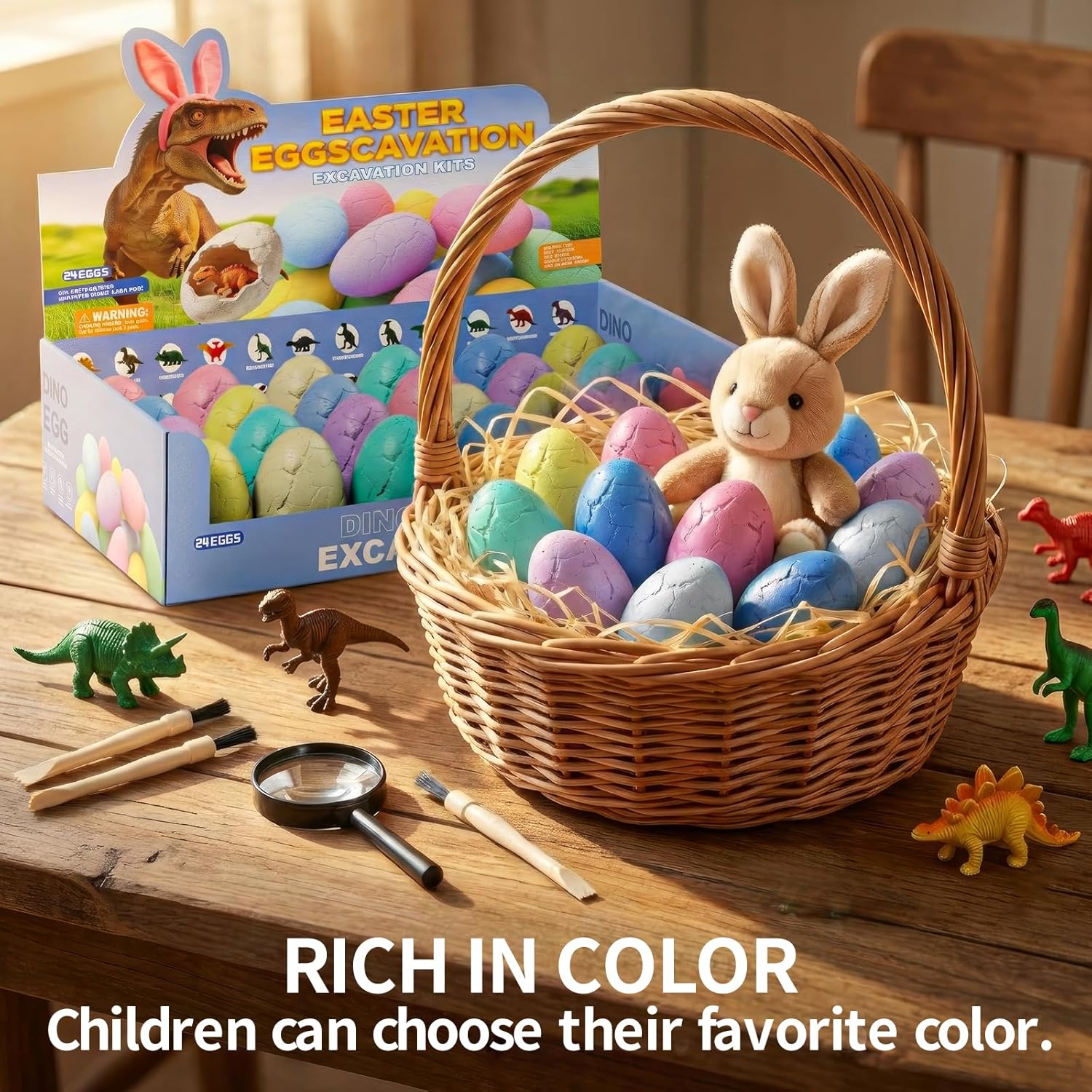Skiennix Dinosaur Eggs Excavation Kit - 24 Colorful STEM Science Toys with Learning Cards for Kids Age 3+ | Perfect for Easter Baskets and Birthday Parties
