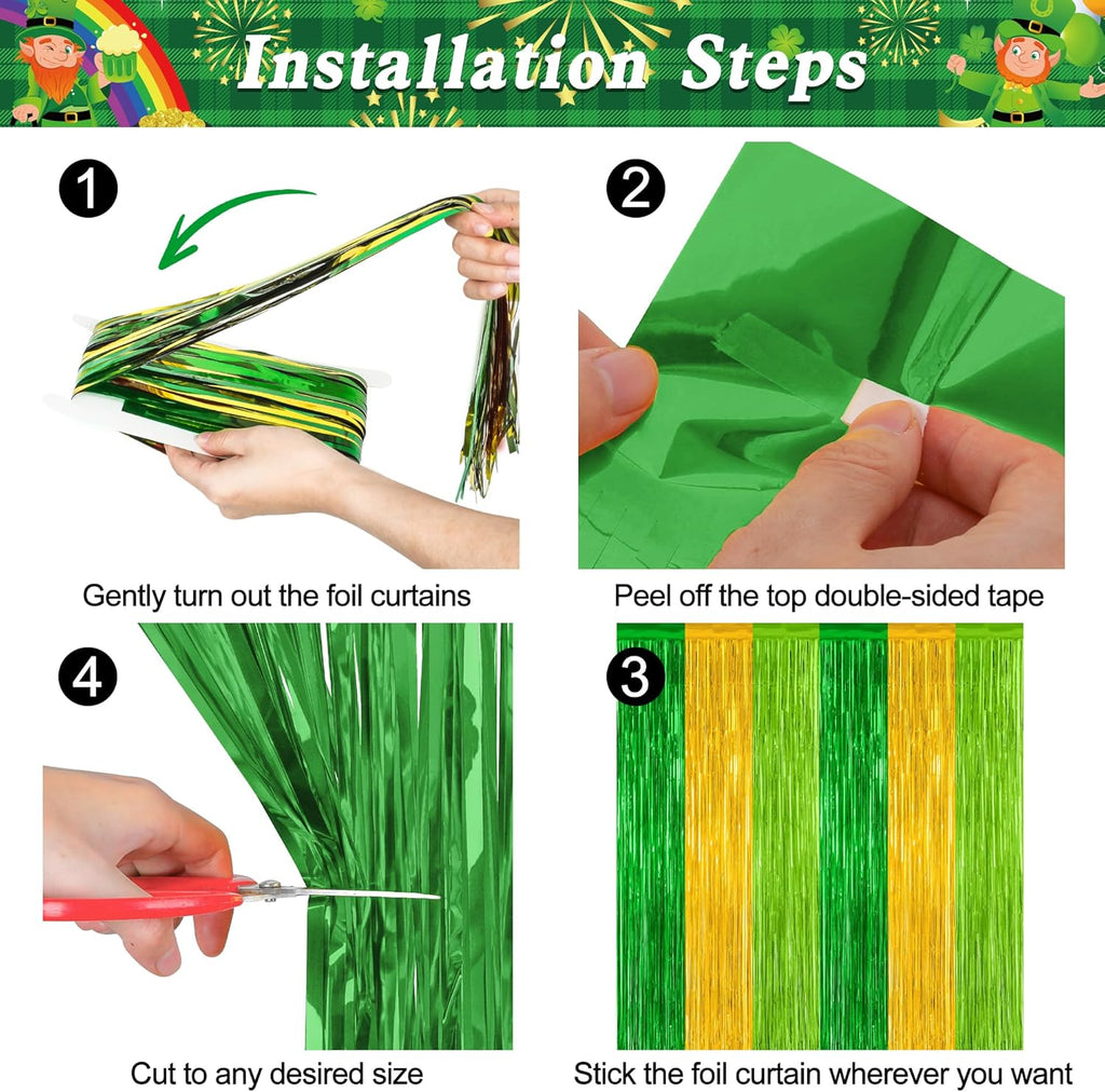 St. Patrick's Day Party Decorations - 2 Pack Green & Gold Backdrop Curtains | 3.28 FT x 7.05 FT Tinsel Streamers