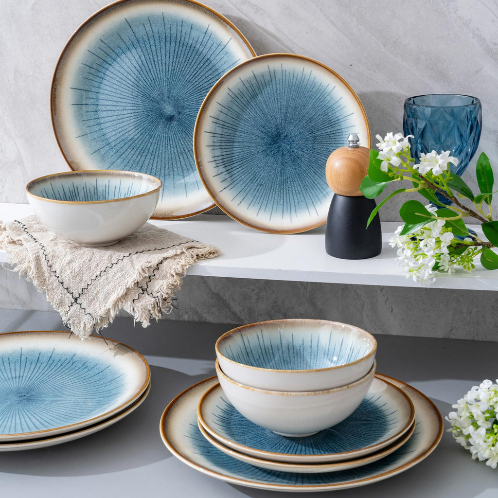 WHITEPEONY Blue Stoneware Dinnerware Set, 12 Pieces, Blue Stripe Marble, Dishwasher & Microwave Safe