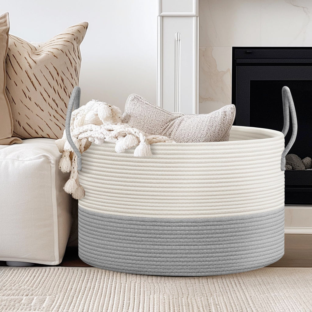 noonkty Blanket Basket Living Room - Toy Storage Basket, 21.7" X 21.7" X 13.8" XXL Cotton Rope Woven Laundry Baskets with Handles, Large Baskets for Storage Nursery Hamper