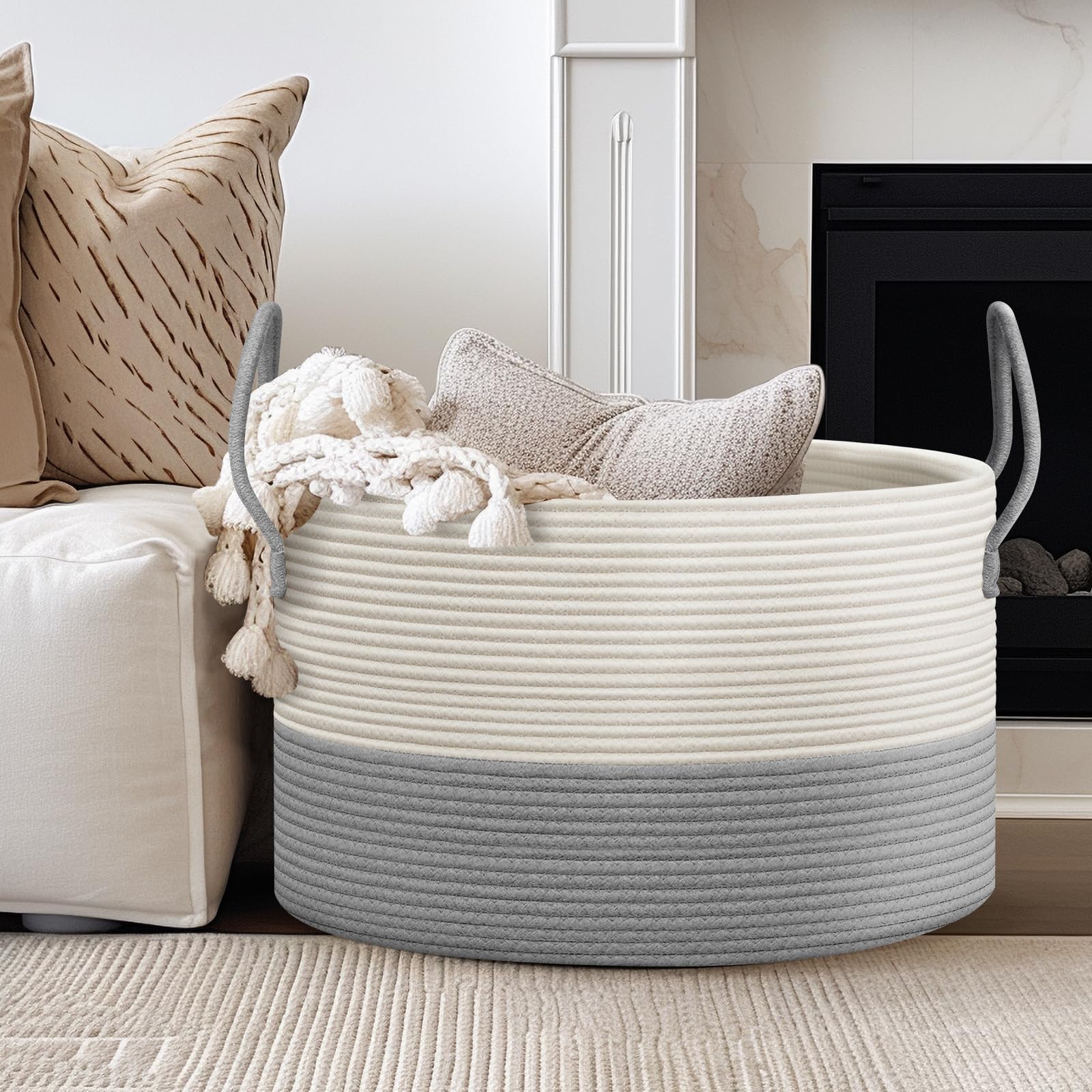 noonkty Blanket Basket Living Room - Toy Storage Basket, 21.7" X 21.7" X 13.8" XXL Cotton Rope Woven Laundry Baskets with Handles, Large Baskets for Storage Nursery Hamper
