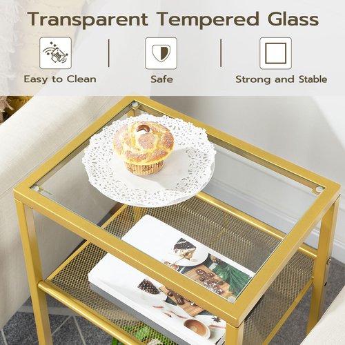 HOOBRO Gold Side Table, Tall Telephone End Table with Mesh Shelves, 3-Tier Nightstand with Tempered Glass Tabletop, for Living Room, Bedroom, Gold GD04DH01