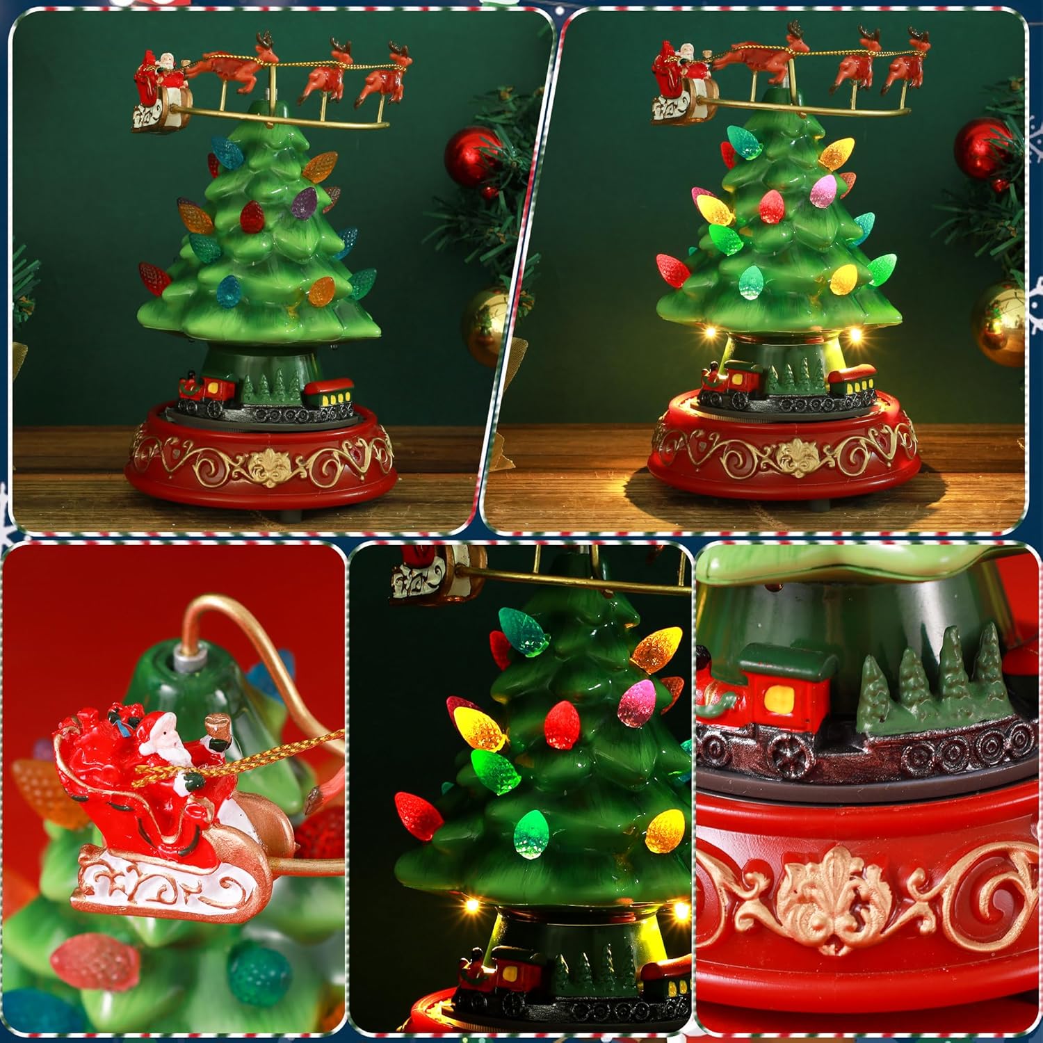 Musical Christmas Tree Decor - Rotating Train & Santa Elk Figurines with LED Lights | Festive Home Tabletop Decoration