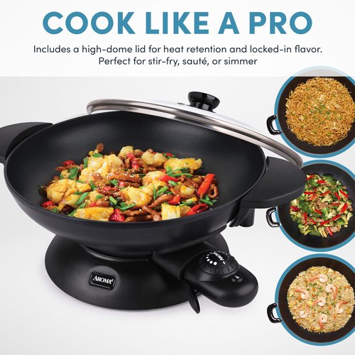 Aroma Housewares AEW-306 Electric Wok with Tempered Glass Lid Easy Clean Nonstick, Cooking Chopsticks, Tempura and Steaming Racks, Professional Model, Black