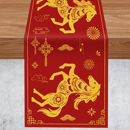 Gold Horse Printed Table Runner, 14 x 72 Inch Chinese New Year Dinner Table Runner for Festival Party Holiday Home Kitchen Dining Indoor Outdoor Decorations