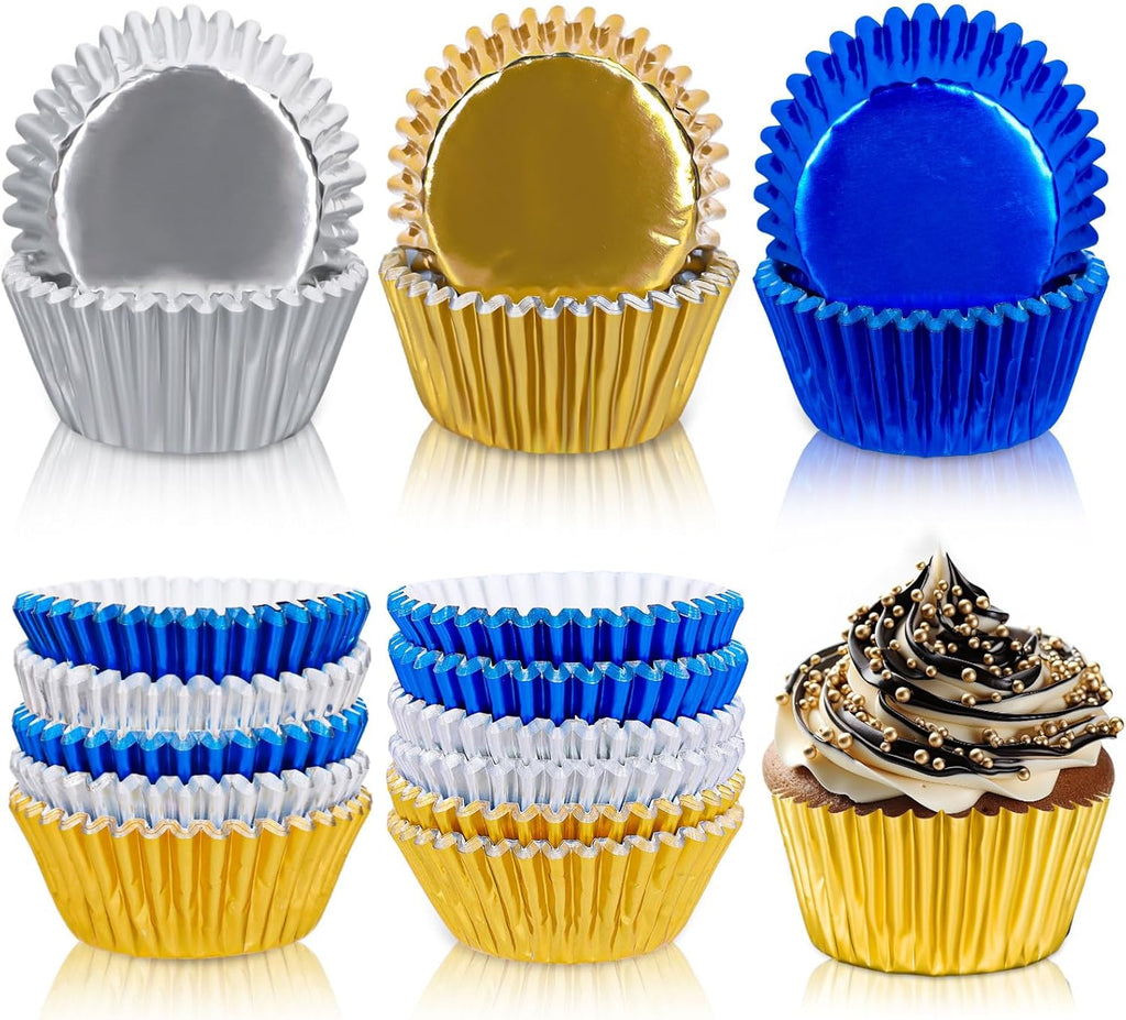 Whaline Graduation Cupcake Liners - 150Pcs Blue, Silver & Gold Foil Baking Cups for Party Celebrations