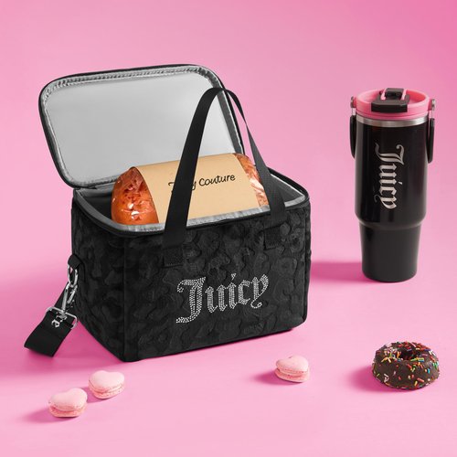 Juicy Couture Chill Couture Lunch Tote Bag With Adjustable Strap, Black Debossed Leopard Velour with Silver Juicy Rhinestones - Women's Lunch Box Bag for Work, School, Travel