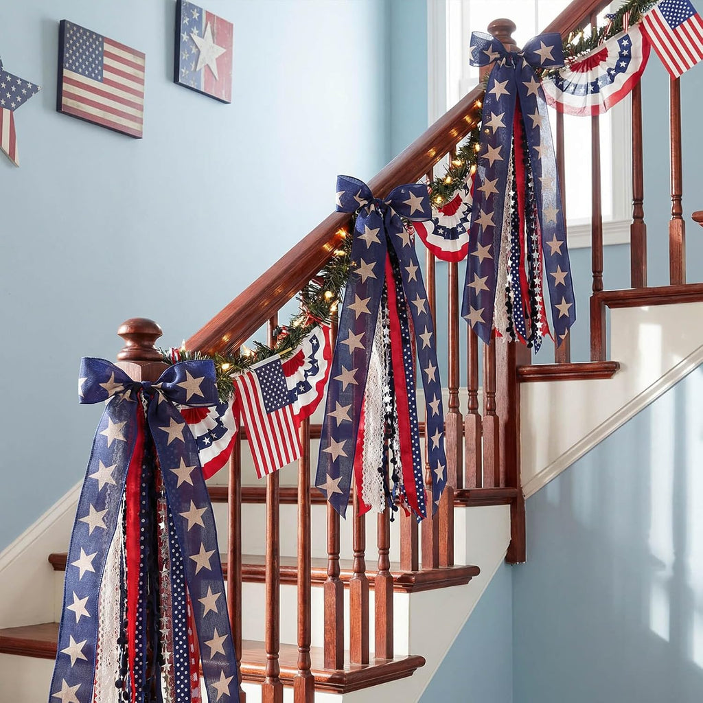 Patriotic Front Door Wreath by [Brand Name] - 8-Ribbon Americana Star Bow with Metal Clip | Red, White, and Blue Decor for Independence Day