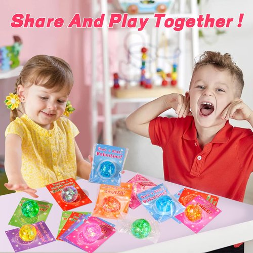 24 Pack Valentines Day Gifts for Kids Classroom Stress Balls with Valentines Cards for Kids School, Stress Relief Squeeze Toys Valentines for Class Party Favors for Boys Girls Classroom Exchange Gift