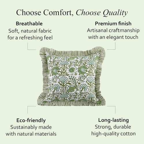 CPC Ruffle Throw Pillow Covers - 100% Cotton Boho Design in Agate Green | 16"x16" | Set of 2 for Living Room & Bedroom