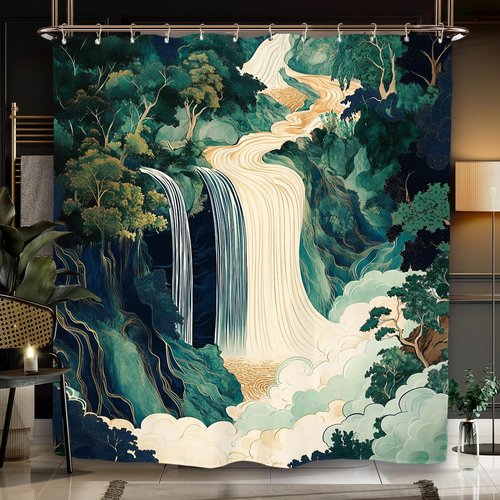 Miyotaa Abstract Waterfall Forest Shower Curtain Set 60Wx71H Inches Emerald Green Japanese Hokusai Aesthetic Landscape Forest Tree Polyester Waterproof Cloth Bathroom Curtain with 12 Hooks