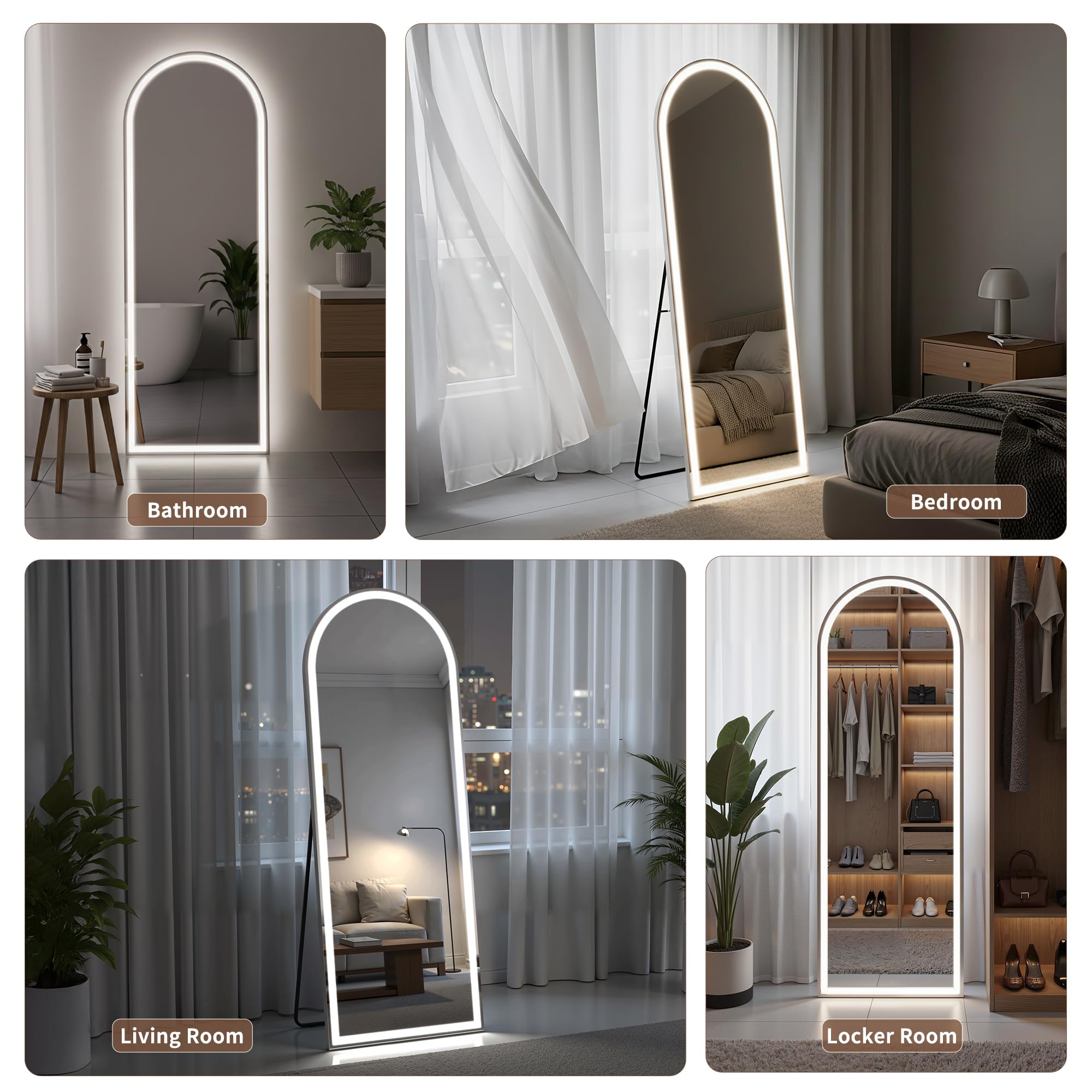 Arched Full Length Mirror with LED Lights, 60"x16" LED Floor Mirror with Stand, Body Floor Mirrors with Dimming & 3 Color Lighting, Wall Mounted LED Mirrors for Bedroom, Dressing Room, Cloakroom