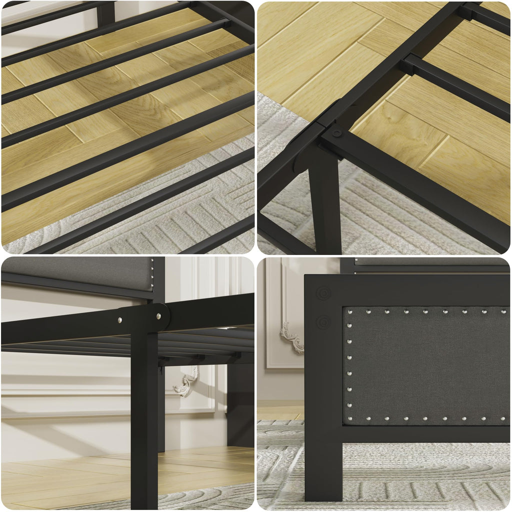 VECELO Twin Size Bed Frame with Upholstered Headboard, Heavy-Duty Platform with Strong Steel Slats, No Box Spring Needed, Easy Assembly, Black&Grey