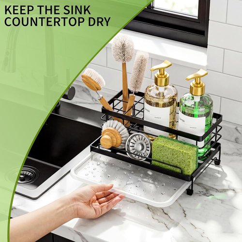Cisily Large Black Kitchen Sponge Holder - Rustproof Sink Organizer with Drip Tray | Essential Home Accessory