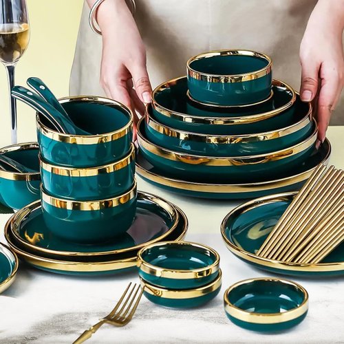 TRUCART - 18-Piece Ceramic Dinner Set for 4 People – Elegant Green Tableware with Rice Bowls, Spoons, Soup Bowl, Deep & Shallow Plates, and Saucers – Durable & Stylish