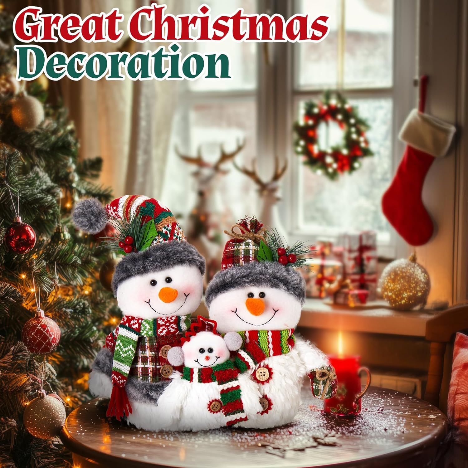 WEWILL 12'' Christmas Snowman Figurine - Cozy Family Decor for Holiday Tabletop & Tree Display