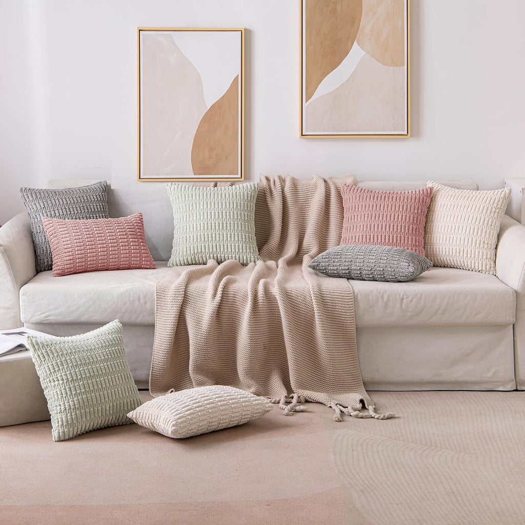 MIULEE Corduroy Throw Pillow Covers - Soft Boho Striped Design, 20x20 Inch, Blush Pink for Modern Home Decor