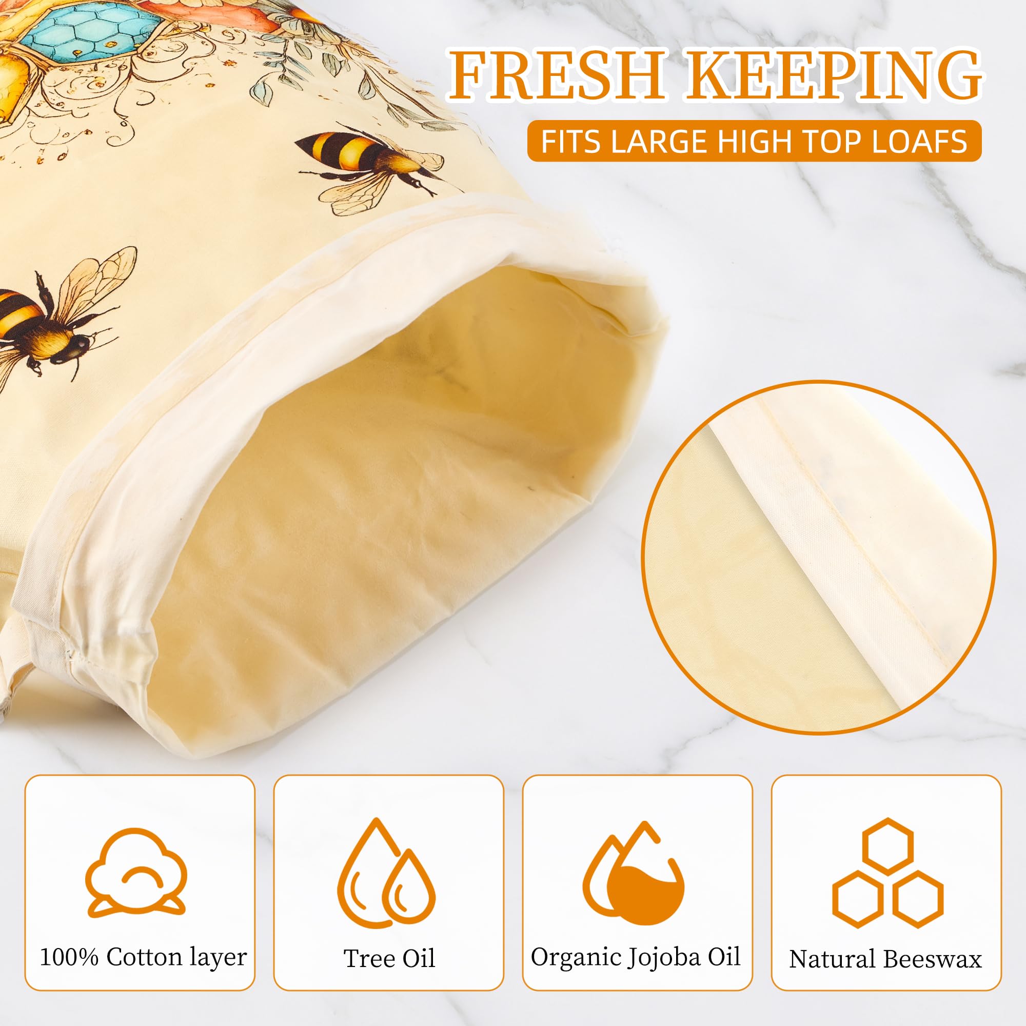 Beeswax Bread Bags for Homemade Sourdough, 2 Pack Reusable Natural Cotton Large Bees Wax Bag Food Storage Bags to Keep Fresh