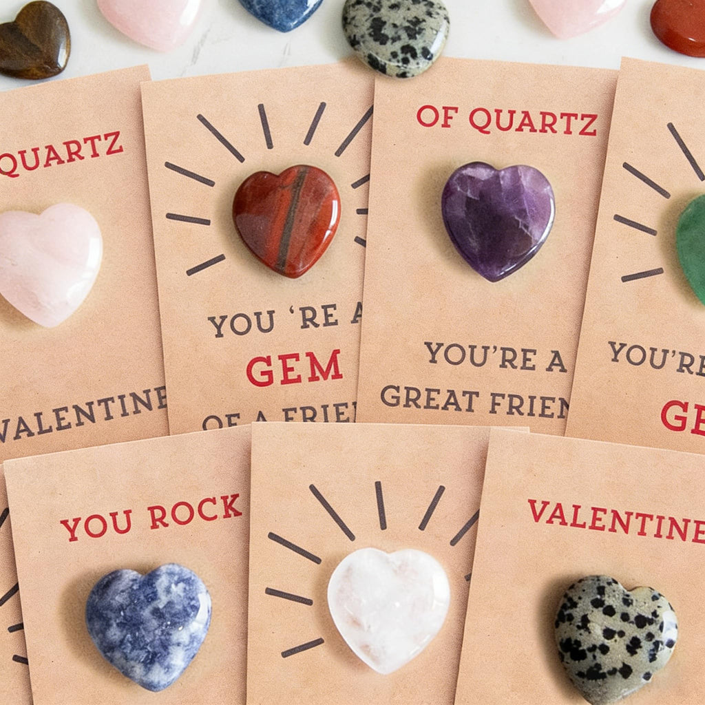 24 Pack Valentines Cards with Heart-Shape Gems - Valentine Crystals Rock Gift Exchange,Party Favors, Office & Friends
