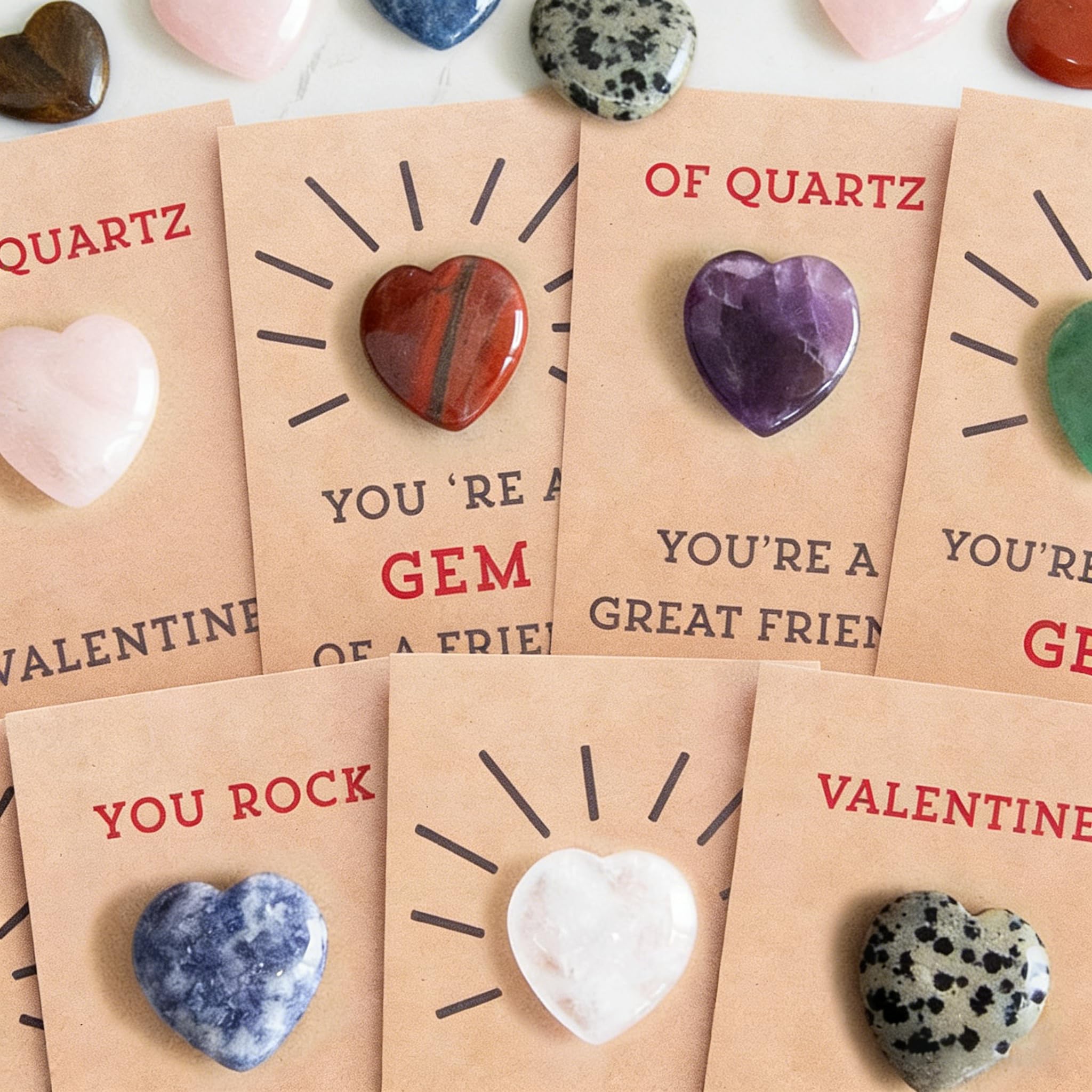 24 Pack Valentines Cards with Heart-Shape Gems - Valentine Crystals Rock Gift Exchange,Party Favors, Office & Friends