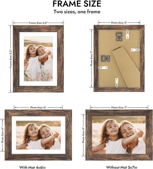 Hongkee 5x7 Picture Frame - Rustic Brown Wooden Frame for 4x6 or 5x7 Photos | Wall & Tabletop Display