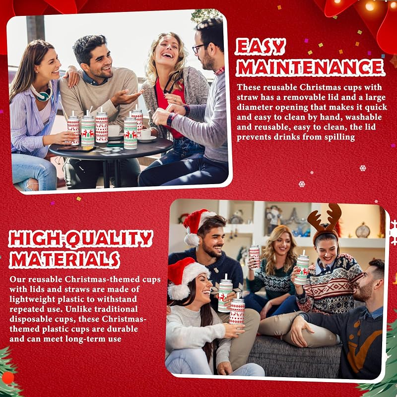 Elk Christmas 24 Pcs 13.5 oz Reusable Plastic Cups with Lids & Straws - Variations Included