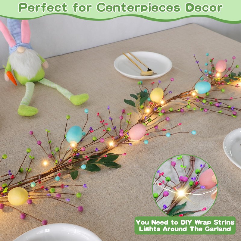 6 Ft 20 LED Easter Decorations Easter Garland with Lights Timer Colorful Eggs Mixed Berried Green Leafed Artificial Easters Egg Garland Spring Garlands for Home Mantle Fireplace Table Indoor Outdoor