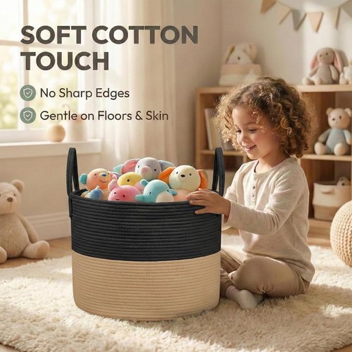 JMvicyroam Extra Large Blanket Basket - Woven Cotton Rope Laundry Hamper with Reinforced Handles | Black & Jute, Machine Washable Storage Bin for Pillows, Comforters & Toys