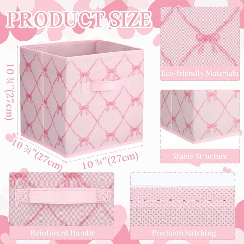 Geelin 6 Pcs Light Pink Bow Storage Bins - 11 Inch Collapsible Fabric Organizer for Home & Office