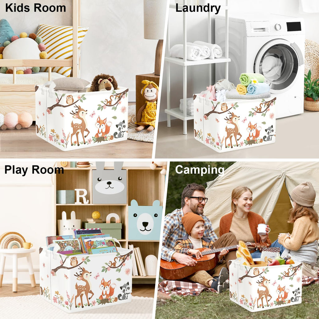 Clastyle Forest Animal Baby Storage Basket Leaf Kid Laundry Hamper Boy Girl Gift Toy Box Collapsible Clothes Organizer Nursery Bin for Bedroom, Pink Deer, 40x30x30 cm
