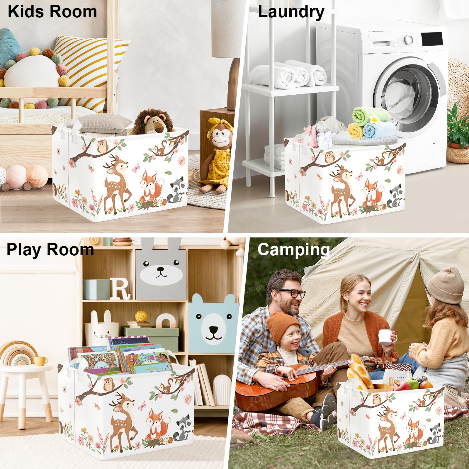 Clastyle Forest Animal Baby Storage Basket Leaf Kid Laundry Hamper Boy Girl Gift Toy Box Collapsible Clothes Organizer Nursery Bin for Bedroom, Pink Deer, 40x30x30 cm