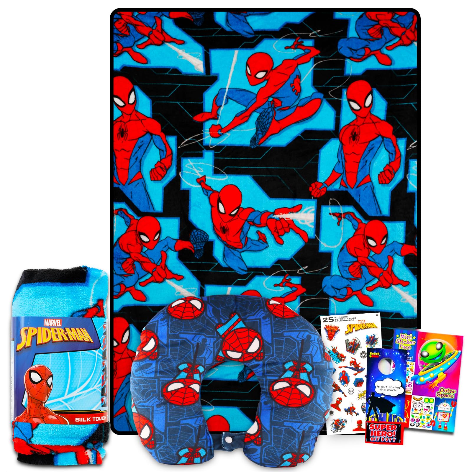 Spiderman Travel Blanket and Pillow Set - Bundle with Spiderman Blanket, Pillow, Stickers, More | Spiderman Travel Accessories for Kids