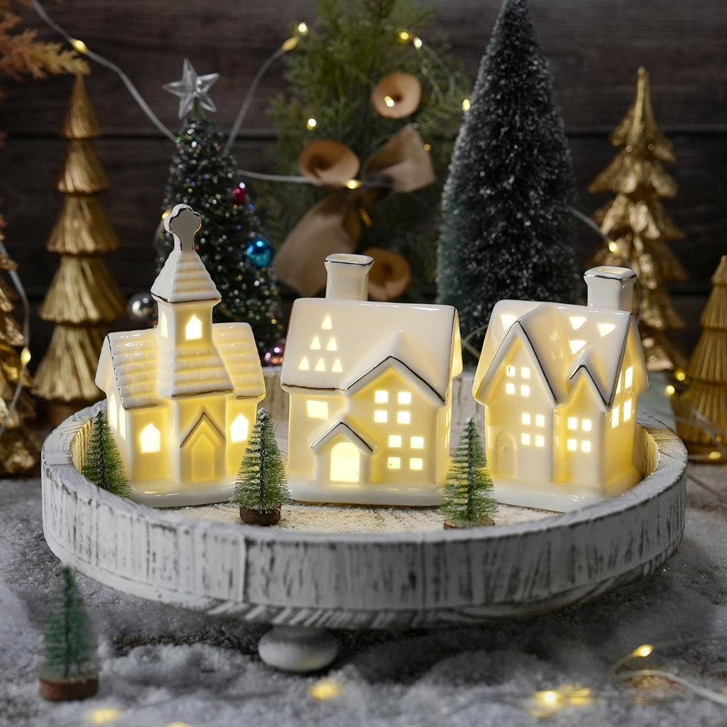 White Christmas Village Houses - 3Pcs Glazed Ceramic Houses with Trees | Light Up Xmas Decor Set
