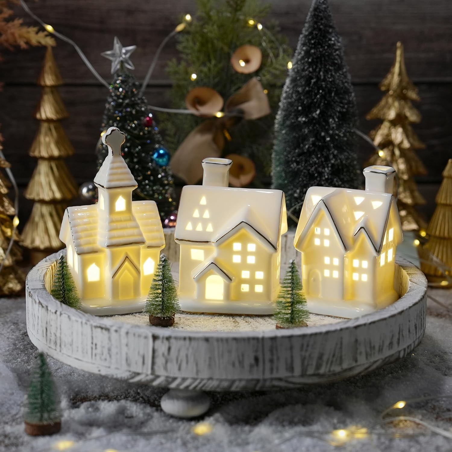 White Christmas Village Houses - 3Pcs Glazed Ceramic Houses with Trees | Light Up Xmas Decor Set