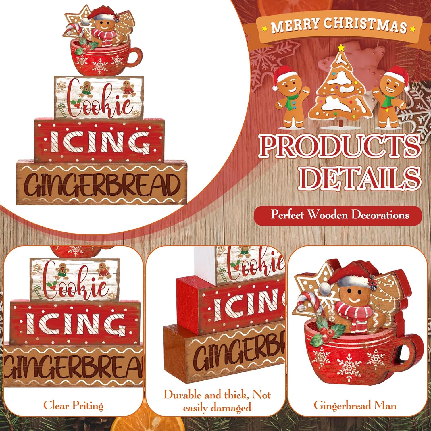 Moucuny Christmas Gingerbread Man Table Sign - 4 Pcs Wooden Decorative Set for Winter Decor
