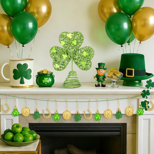 25 Pcs St. Patrick's Day Mini Tree Topper Ornaments Set, Miniature Irish Shamrock Tree Topper Hanging Clover Gold Coins, Irish Green Metal Glitter Tree Decorations for Party Supplies