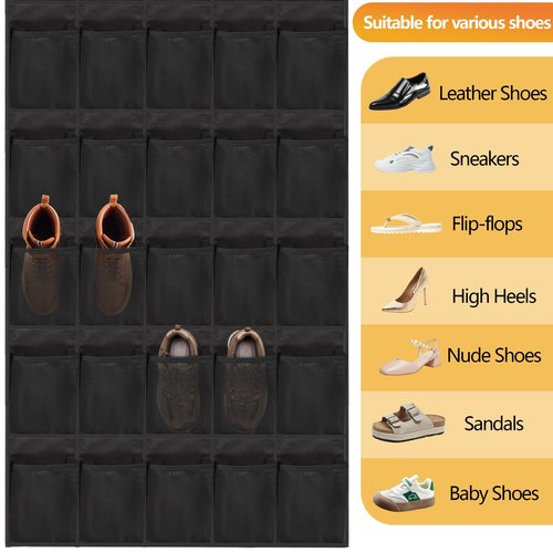 Over The Door Shoe Organizer, 40 Large Mesh Pockets Hanging Shoe Rack Organizer for Closet Behind The Door Storage Holder for Entryway Bedroom Dorm Black