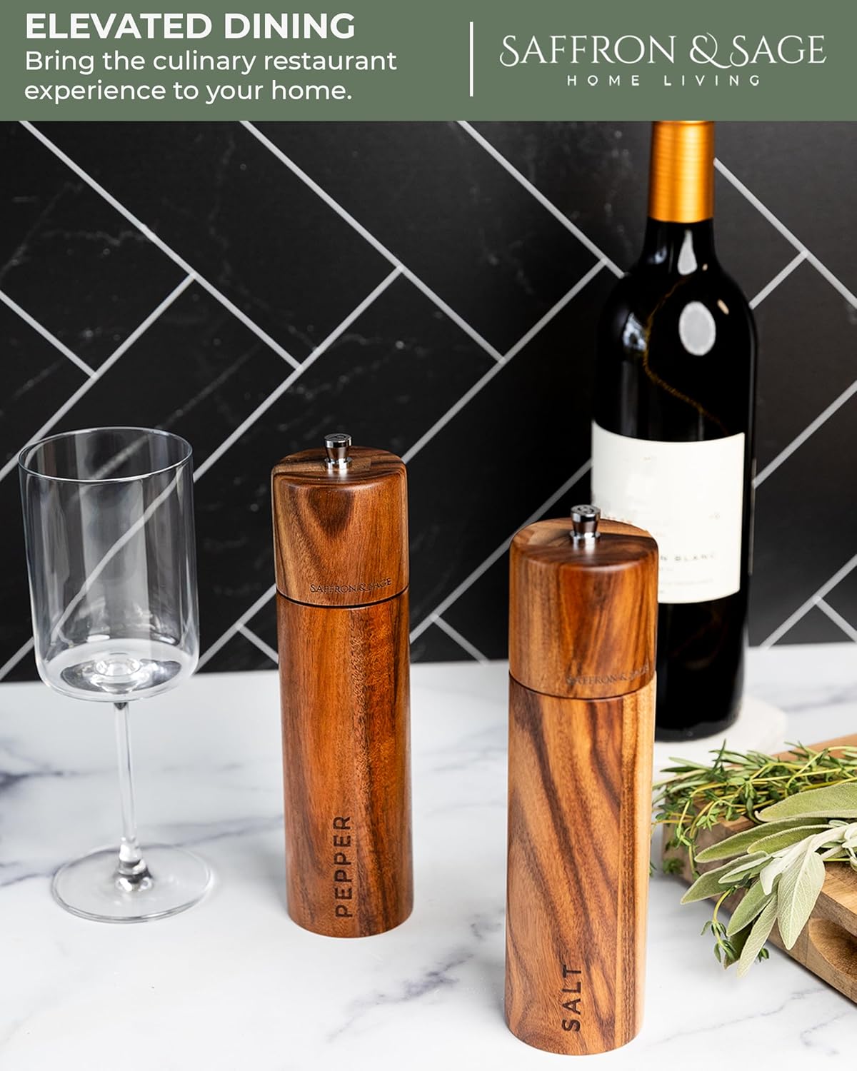 Saffron & Sage Acacia Wood Salt and Pepper Grinder Set | 8” Tall, Adjustable Coarse Settings, Rust Resistant