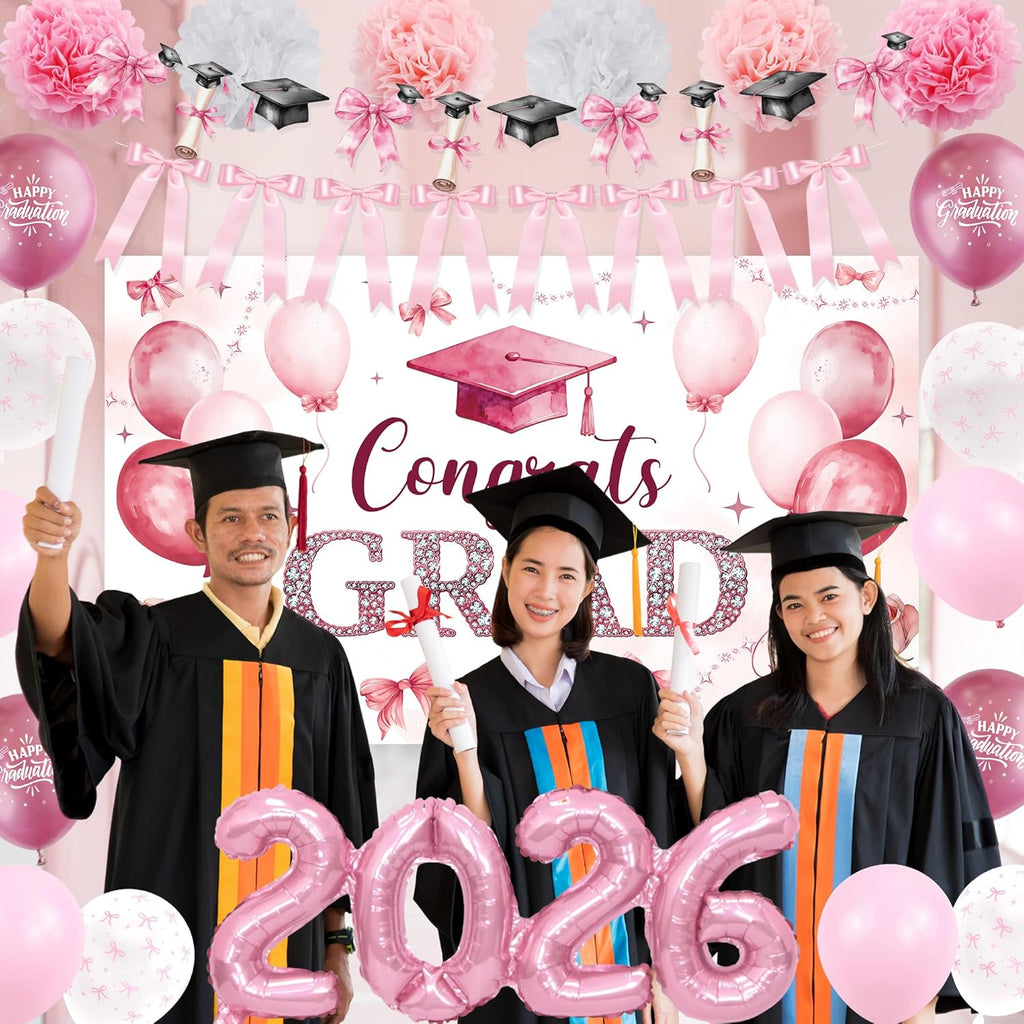 Regine Switzerland Pink Bow Graduation Decorations - 22PCS Party Supplies with Banner & Balloons