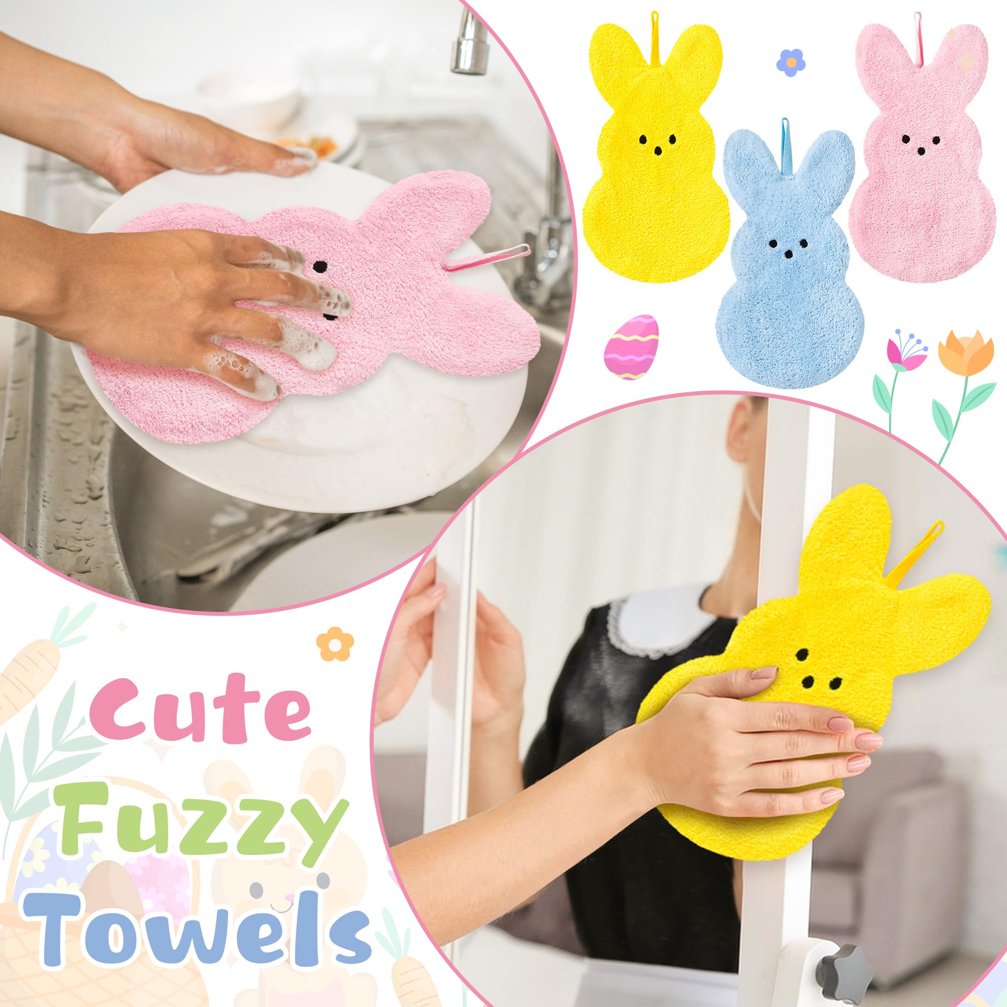 R HORSE 3Pcs Easter Kitchen Towel, Cartoon Rabbit Soft Thick Dish Cloth, Bunny Hand Towel for Bathroom, Easter Bunny Decoration Hand Drying Tea Cloth for Cooking Baking Cleaning Spring