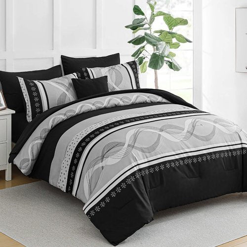 Anibedding Black Comforter Set California King Size,8 Pieces Boho Bed in a Bag Patchwork Striped Comforter Set, Soft Microfiber Bedding Set for All Season(104"x96")